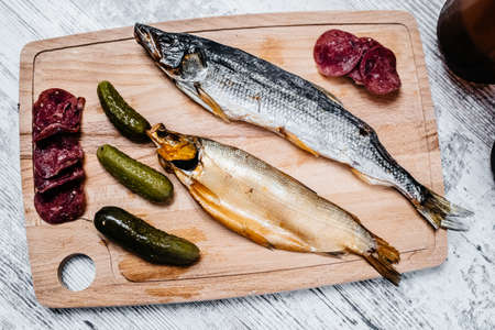 beer snacks on a wooden Board. View from aboveの写真素材