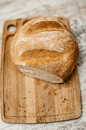 homemade bread on a wooden board. View from above