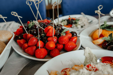 Juicy strawberries on a plate in a plate on the table close-upの写真素材