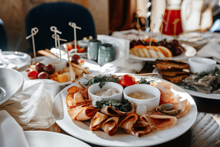 Served table in a restaurant with various snacks close-up