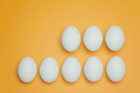 Eight white chicken eggs on yellow background top view. Creative food minimalistic background.の写真素材