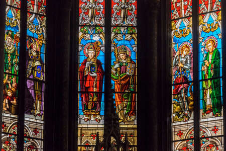 Catholic church interior stained-glass, Arlon, BelgiumCatholic church interior stained-glass, Metz, Franceのeditorial素材