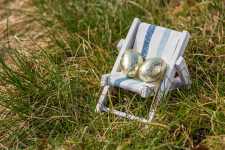 Spring Easter eggs Crocus flowers in the sunの写真素材