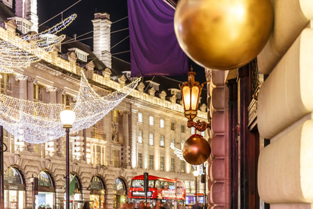 Decorated Christmas street  light, London, Englandの写真素材
