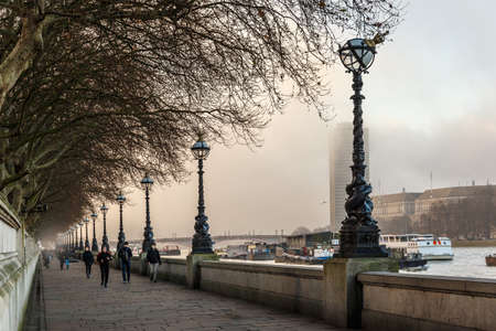 River Thames embankment in winter morning, Londonの写真素材