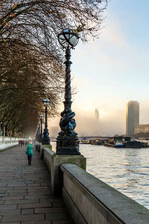 River Thames embankment in winter morning, Londonの写真素材