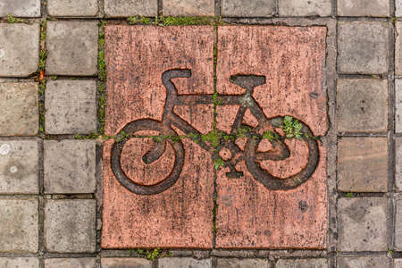 Bike road sign on pavementの写真素材