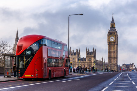 Red doubledecker on Westminster bridge in the morning, London