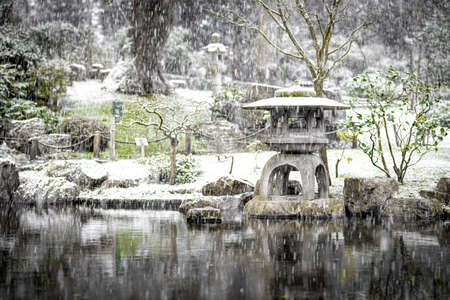 Tokyo Garden in Holland Park under the snow storm in 2021 in London, England, UKの写真素材