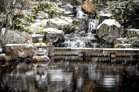Tokyo Garden in Holland Park under the snow storm in 2021 in London, England, UKの写真素材