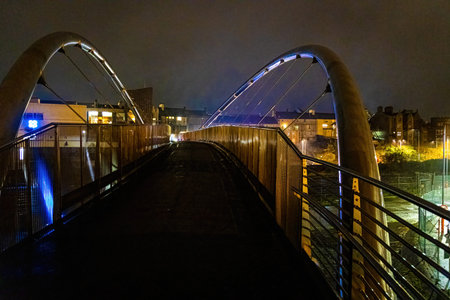 A view of Celtic Gateway bridge, a stainless steel pedestrian and cycle bridge in Anglesey, Wales,...
