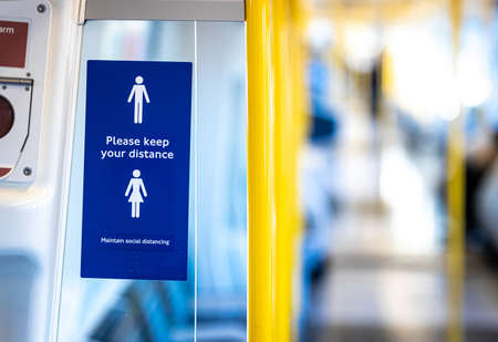 Social distancing signs in the metro train of London, England, UKの写真素材