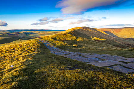 View of Mom tor in Peak district, an upland area in England at the southern end of the Pennines, UKの写真素材