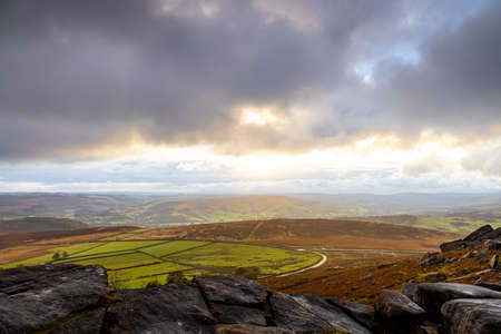 View of Stanage Edge in Peak district, an upland area in England at the southern end of the Pennines, UKの写真素材