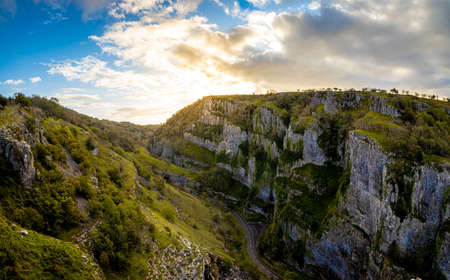 View of limestone Cheddar Gorge in the Mendip Hills, near the village of Cheddar, Somerset, Englandの写真素材