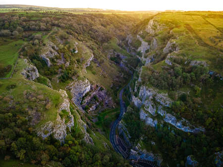 View of limestone Cheddar Gorge in the Mendip Hills, near the village of Cheddar, Somerset, Englandの写真素材