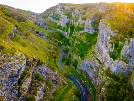 View of limestone Cheddar Gorge in the Mendip Hills, near the village of Cheddar, Somerset, Englandの写真素材