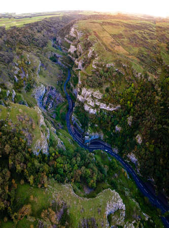 View of limestone Cheddar Gorge in the Mendip Hills, near the village of Cheddar, Somerset, Englandの写真素材