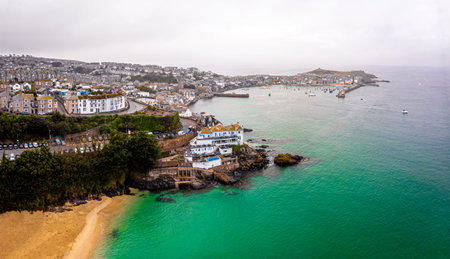 Aerial view of St Ives in the evening, Cornwall, UK