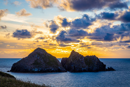 Gull rocks at sunset in Hollywell Bay in Cornwall, UK