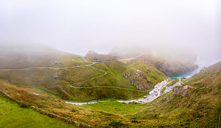 Aerial view of Tintagel castle in Cornwall, UK