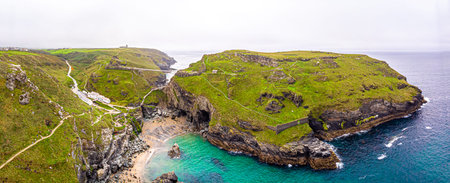 Aerial view of Tintagel castle in Cornwall, UKの写真素材