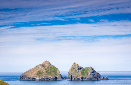 Gull rocks on sunny day in Hollywell Bay in Cornwall, UKの写真素材