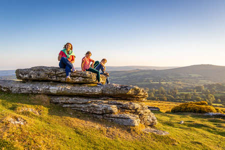 Family in Dartmoor national park in the evening, UKの写真素材