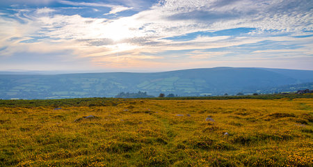 Sunset view of Dartmoor National Park, a vast moorland in the county of Devon, in southwest England, UKの写真素材