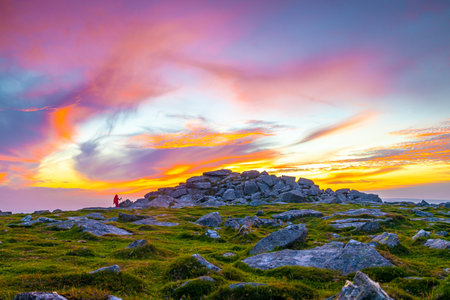 Sunset view of Dartmoor National Park, a vast moorland in the county of Devon, in southwest England, UKの写真素材