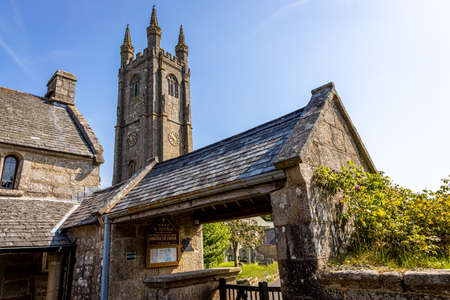 Aerial view of Widecombe in the Moor, a village and large civil parish on Dartmoor National Park in Devon, England, UKの写真素材