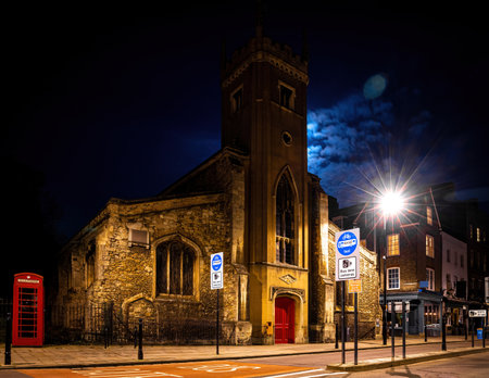 A night view of Cambridge, a city on the River Cam in eastern England, home to the prestigious University of Cambridge, UKの写真素材