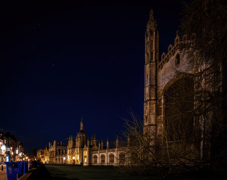 A night view of Cambridge, a city on the River Cam in eastern England, home to the prestigious University of Cambridge, UKの写真素材