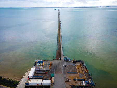Aerial view of the Southend Pier, a major landmark in Southend-on-Sea and the longest pleasure pier in the worldの写真素材