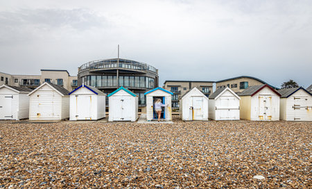 View of a colorful cabin on the seaside in England, UKのeditorial素材