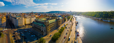 Aerial view of Prague, a capital city of the Czech Republic, is bisected by the Vltava River, Europe