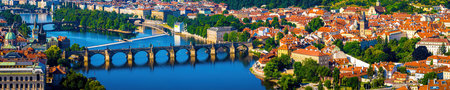 Aerial view of Prague, a capital city of the Czech Republic, is bisected by the Vltava River, Europeの写真素材