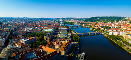 Aerial view of Prague, a capital city of the Czech Republic, is bisected by the Vltava River, Europeの写真素材