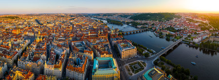 Aerial view of Prague, a capital city of the Czech Republic, is bisected by the Vltava River, Europeの写真素材