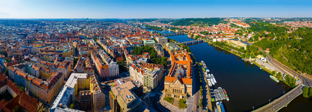 Aerial view of Prague, a capital city of the Czech Republic, is bisected by the Vltava River, Europeの写真素材