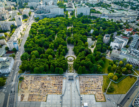 Aerial view of Saxon garden in  Warsaw city center in summer, Poland, Europeの写真素材