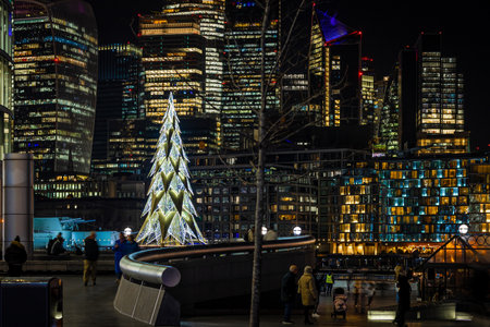 Christmas tree near the Tower bridge in London, UKの写真素材