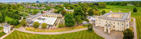 Aerial drone image of Syon House in London, an iconic historic estate with Georgian architecture,...