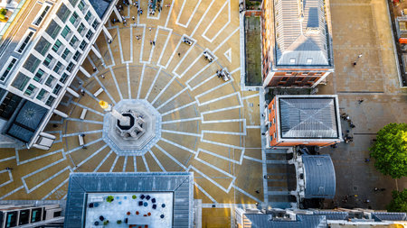 Aerial cityscape of central London featuring classic architecture and modern buildings. Ideal for travel, tourism, architecture, and real estate usesの写真素材