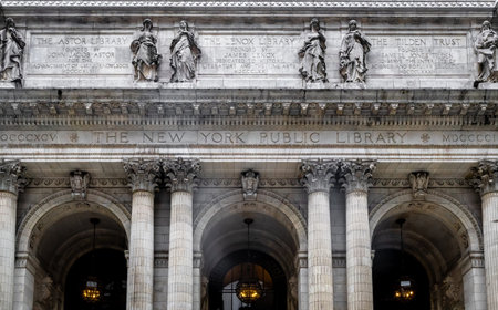 Iconic New York Public Library main branch on Fifth Avenue in Manhattan with classical architecture...