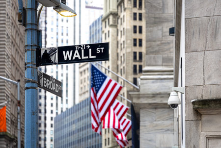 Close-up of Wall Street sign in New York Cityâ€™s financial district. Represents finance,...