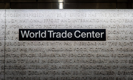 World Trade Center subway platform in NYC with engraved text wall. Strong urban transit, travel, and tourism relevance. Ideal for city, infrastructure, and editorial design projectsの写真素材