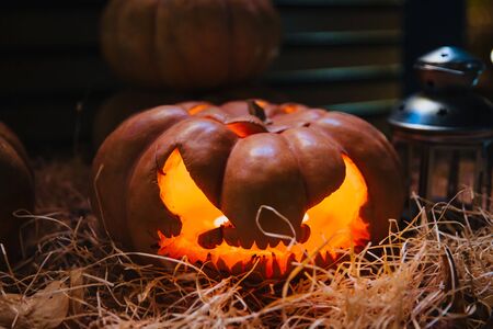 Laughing pumpkin with a candle insideの写真素材