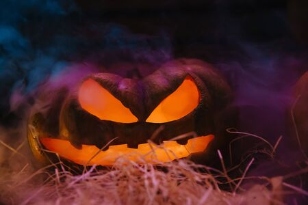 Laughing pumpkin with a candle insideの写真素材