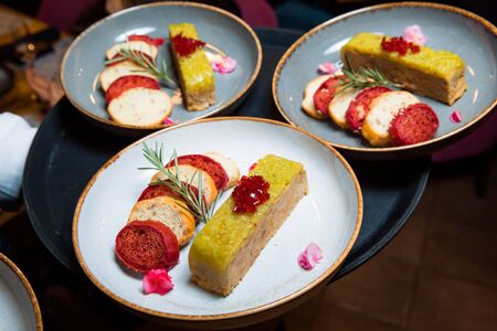 Duck terrine with autumn fruit and red wine jelly.の写真素材